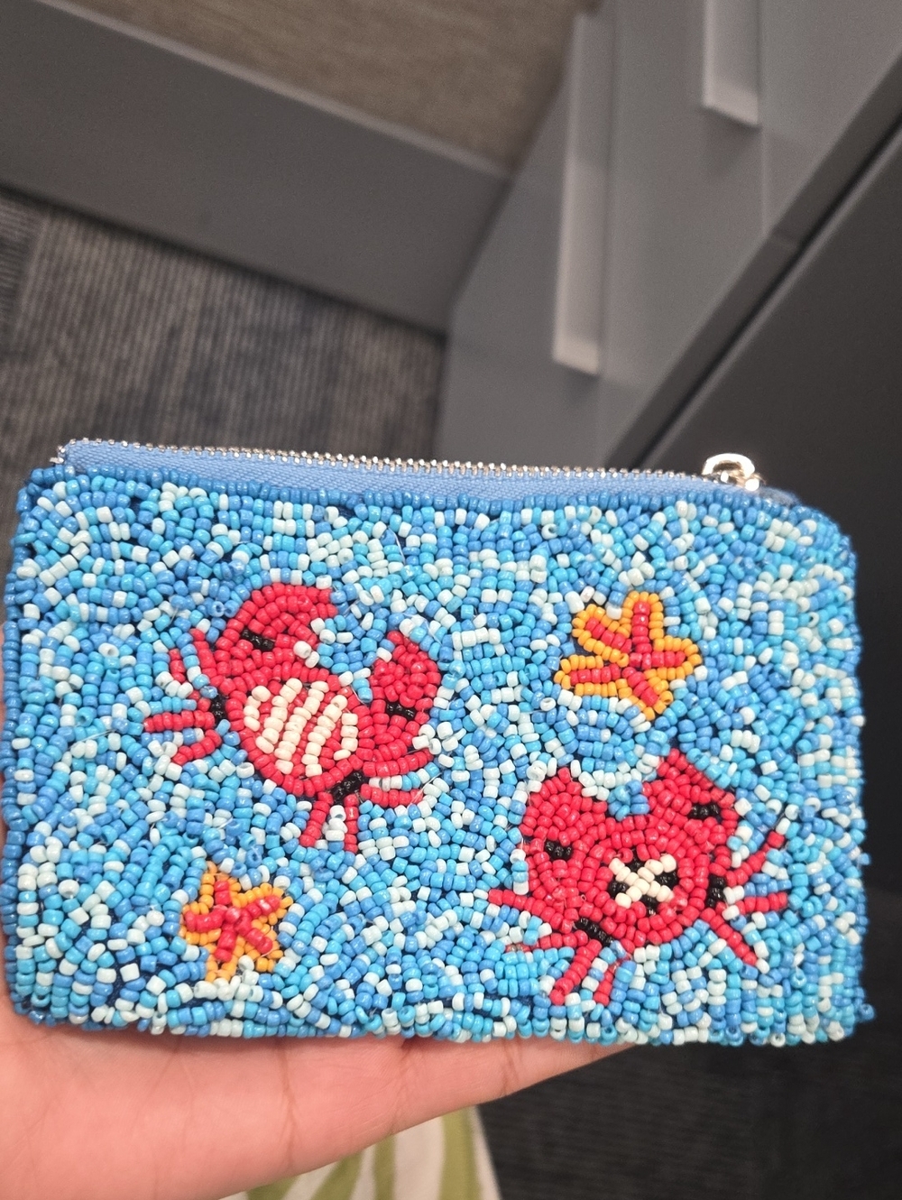 Hand-Beaded Blue Coin Pouch with Red Crab Motif